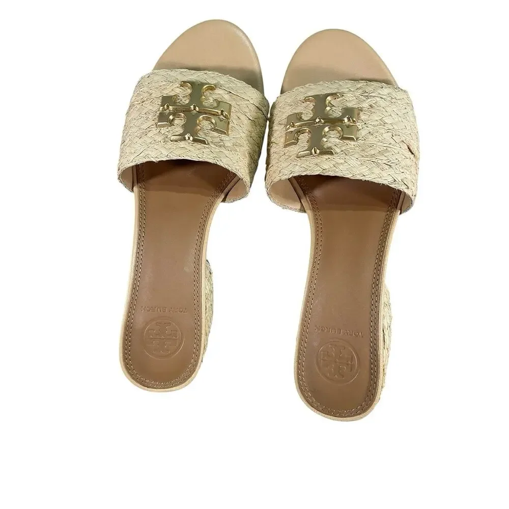 Tory Burch Everly Leather Heel Block Sandal- Raffia Material Size 6M - Picture 5 of 10